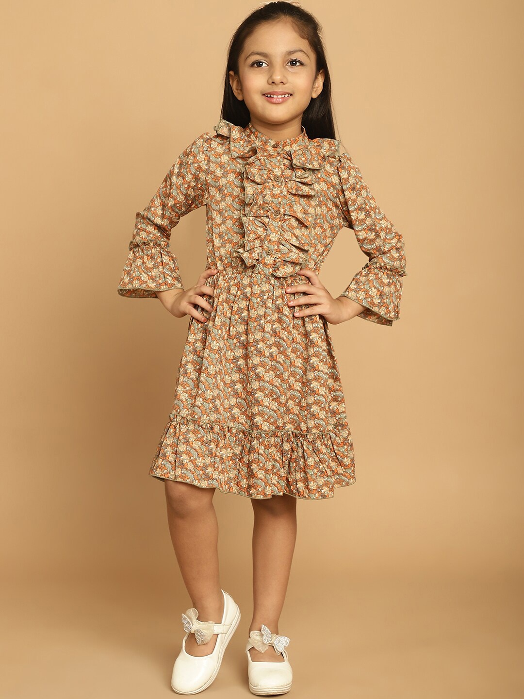 

MINI & MING Floral Printed Ruffles Bell Sleeve Fit & Flare Georgette Dress, Beige