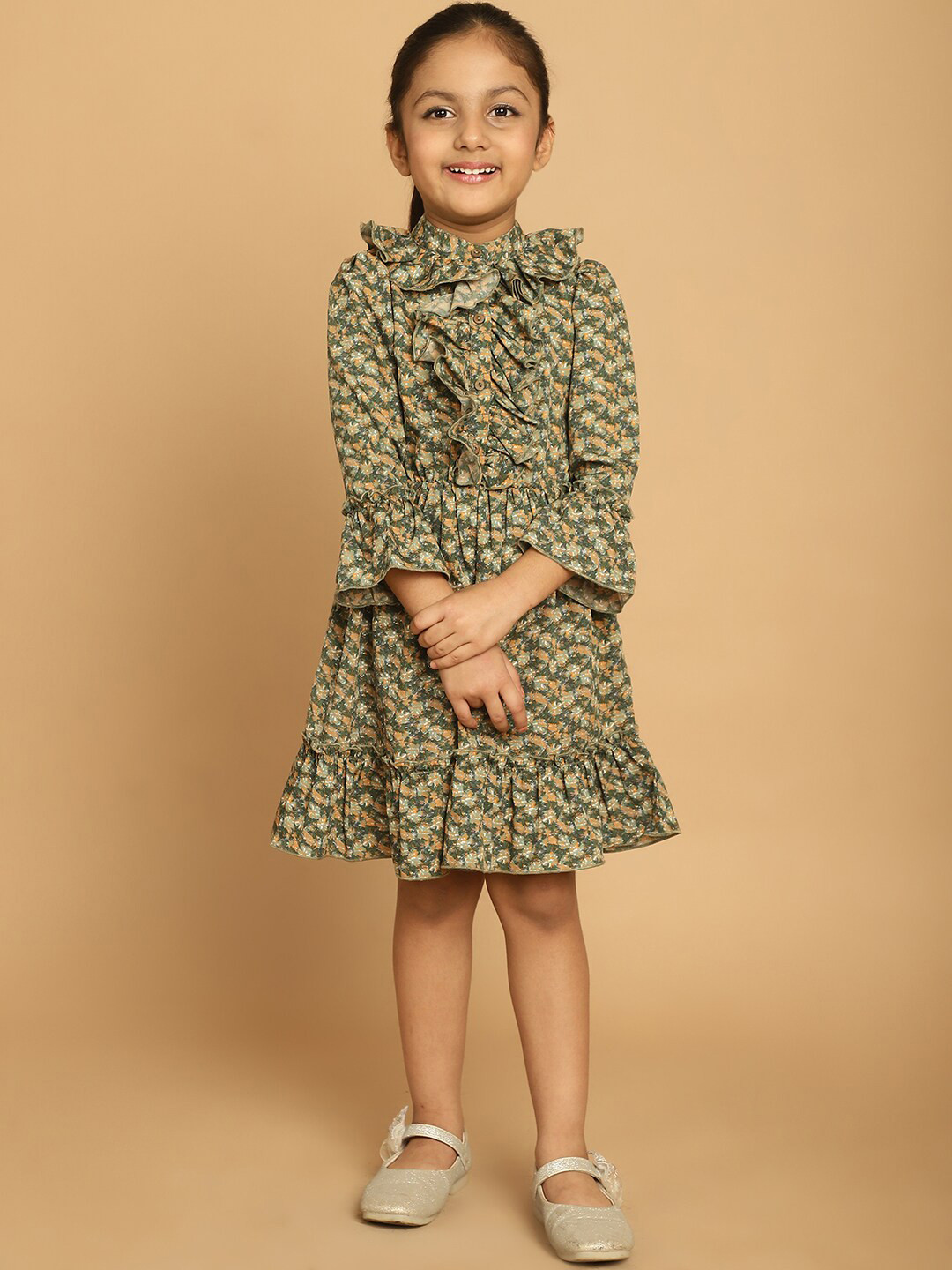 

MINI & MING Girls Floral Printed Band Collar Bell Sleeve Ruffled Fit & Flare Dress, Green