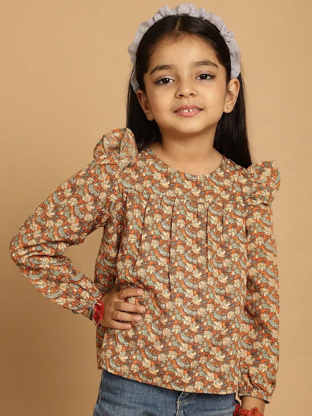 

MINI & MING Girls Floral Printed Round Neck Puff Sleeves Pleated Blouson Top, Beige