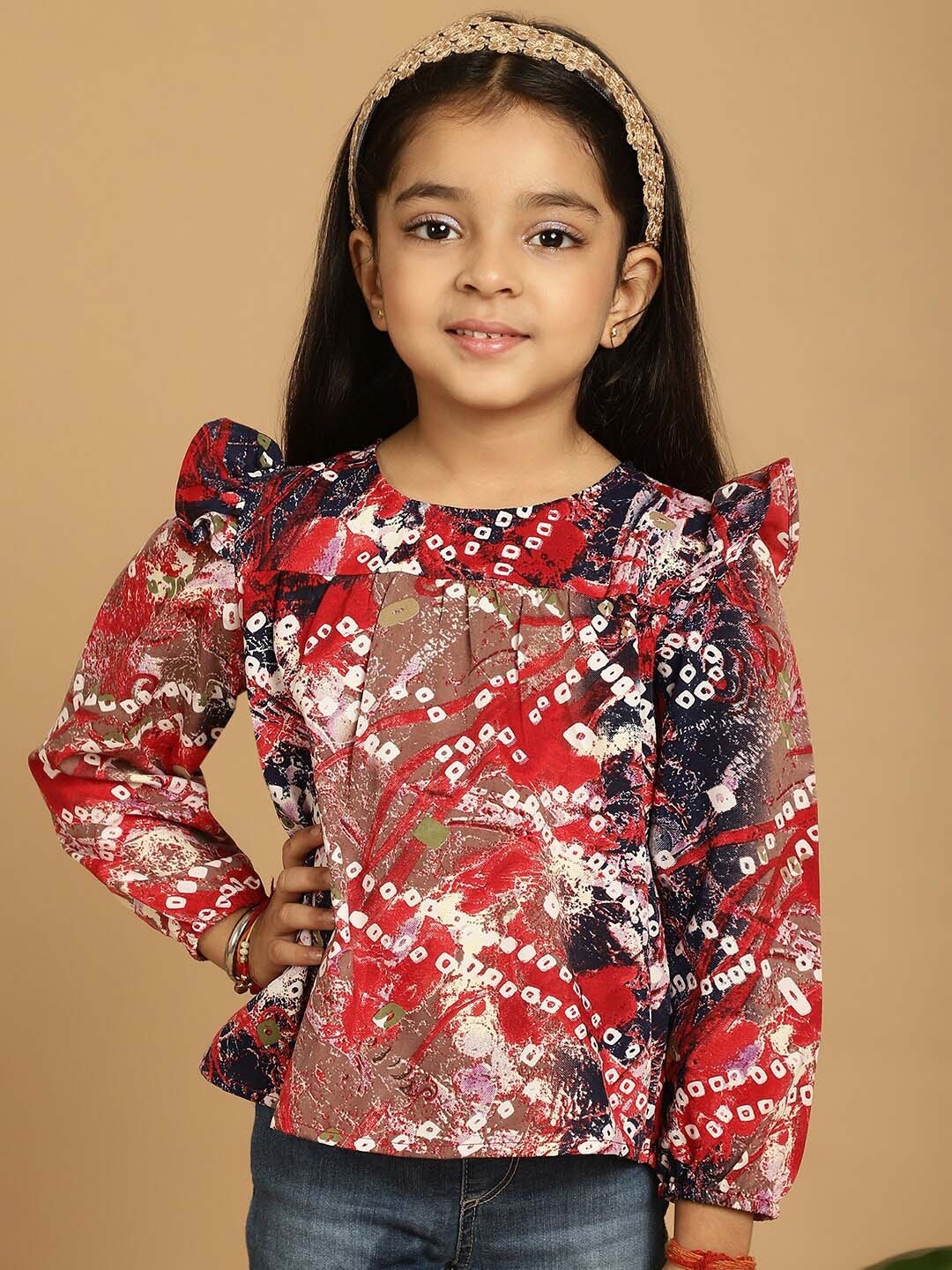 

MINI & MING Girls Floral Printed Round Neck Puff Sleeves Pleated Blouson Top, Maroon