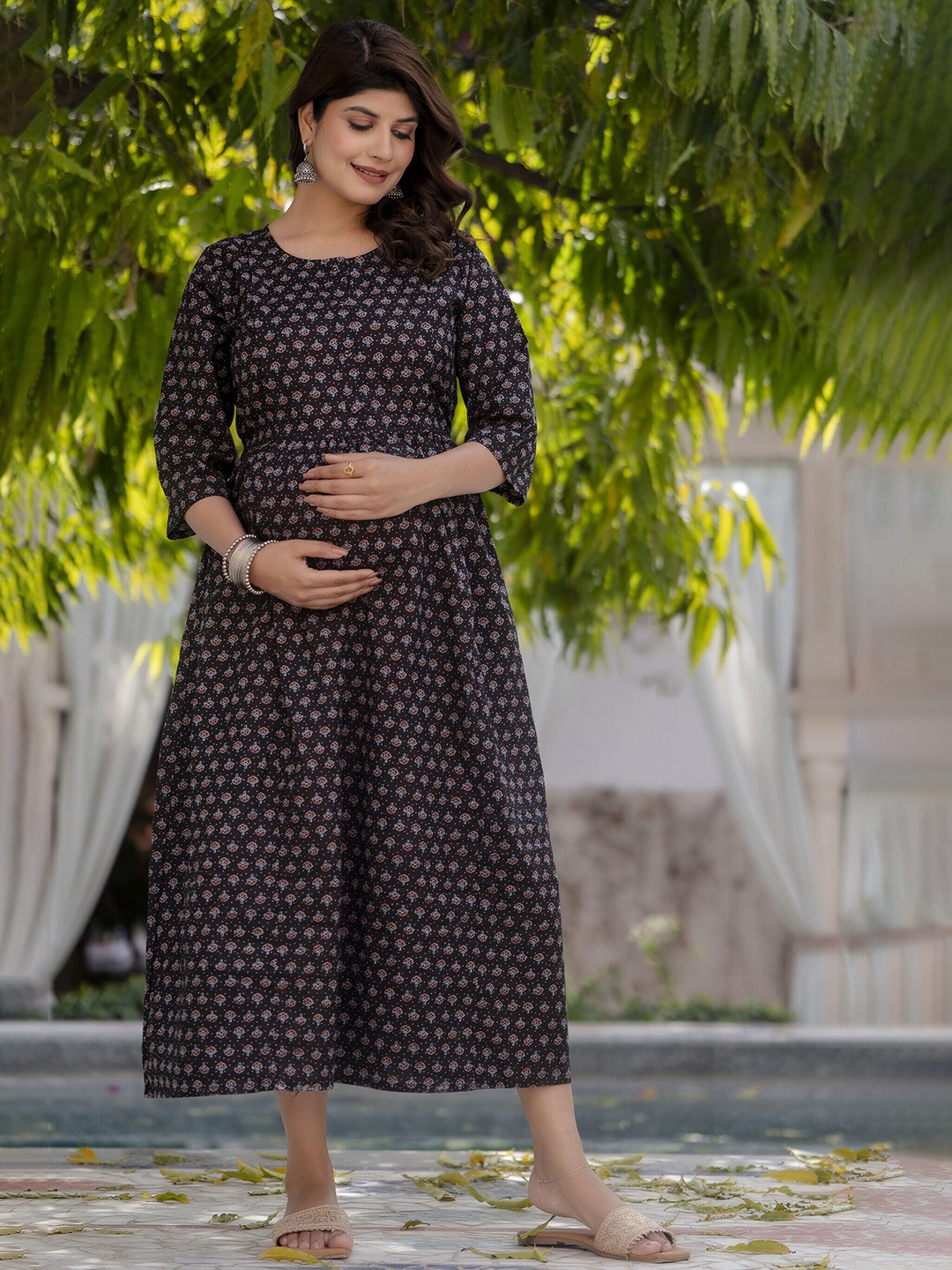 

Nayo Ethnic Motifs Print Cotton Maternity A-Line Midi Dress, Black