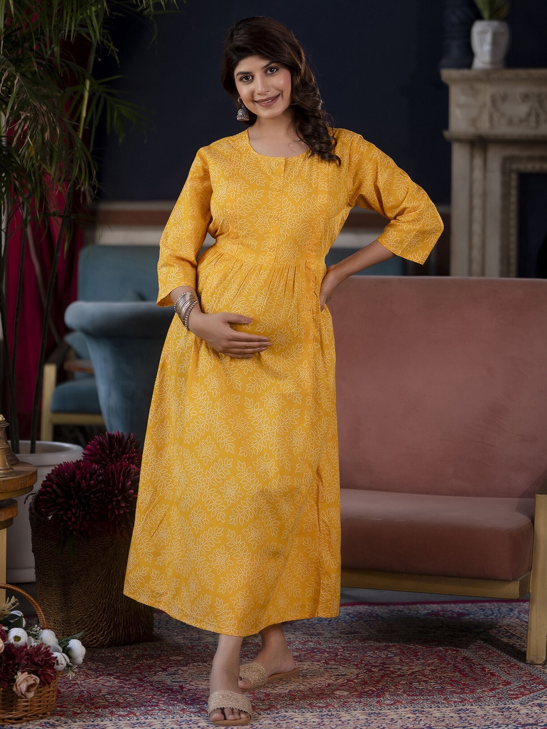 

Nayo Ethnic Motifs Print Cotton Maternity A-Line Midi Dress, Yellow