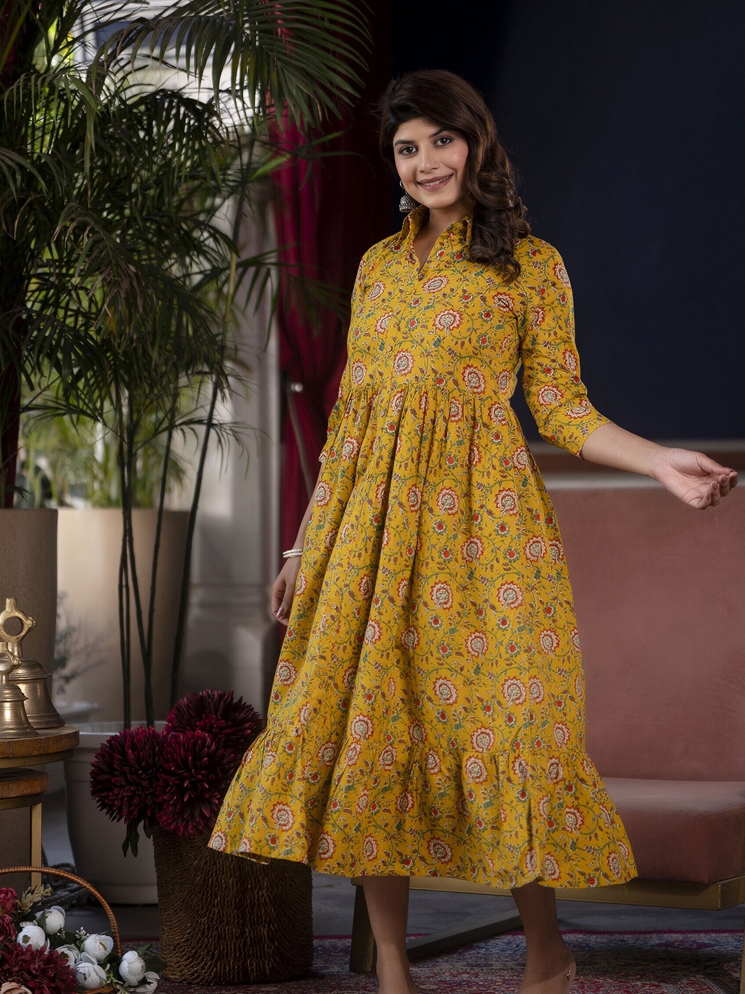 

Nayo Yellow Floral Printed Cotton Flared Shirt Collar A-Line Midi Dress