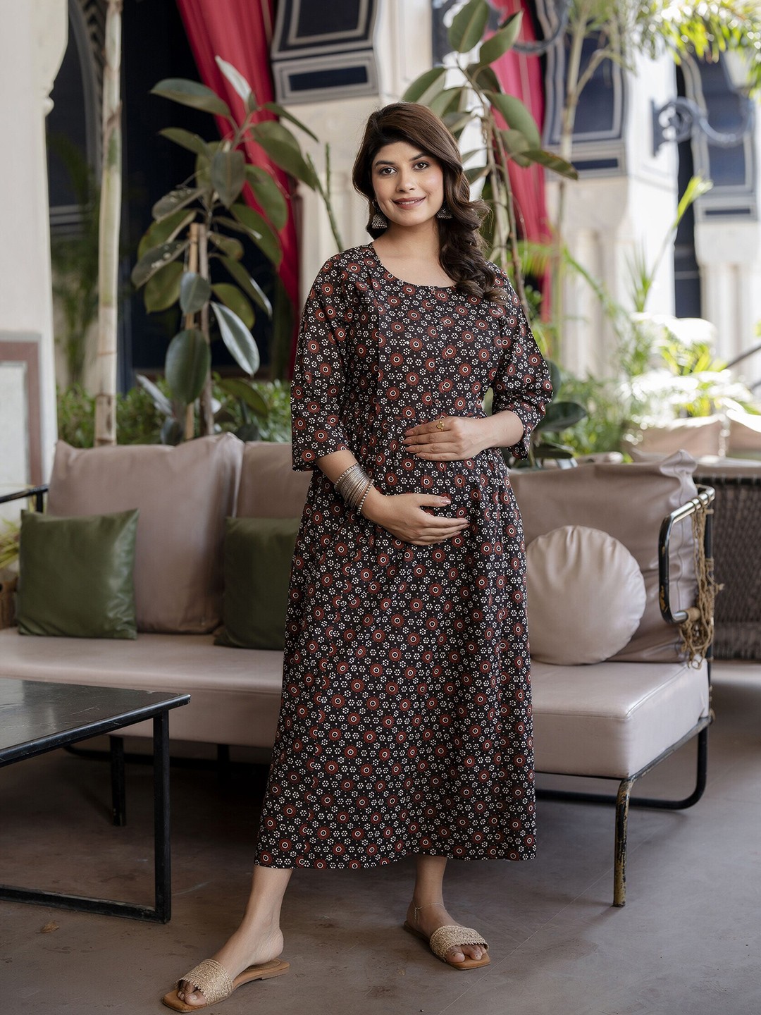 

Nayo Floral Printed Flared Maternity Dress, Black