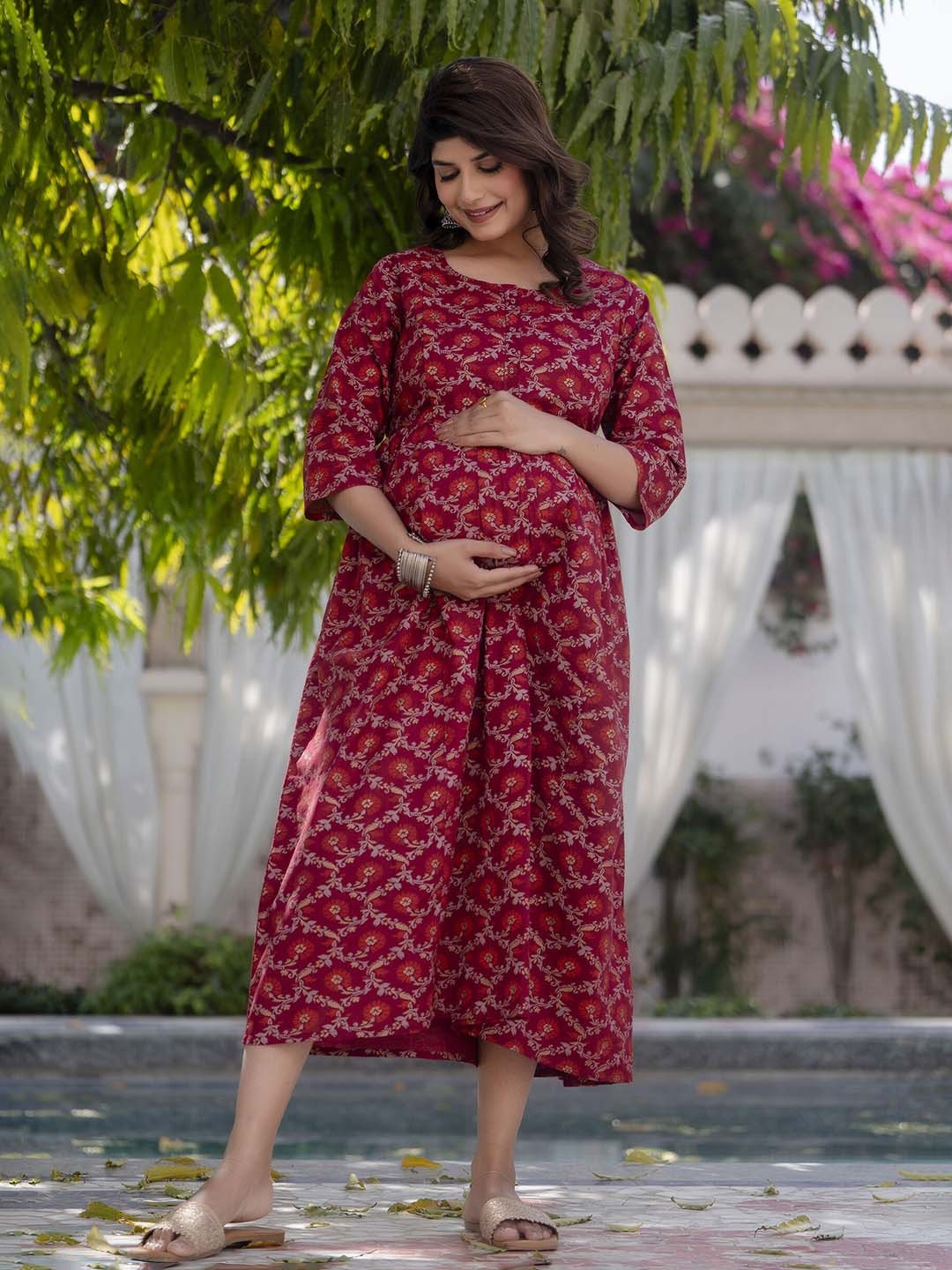 

Nayo Print Maternity Empire Midi Dress, Burgundy