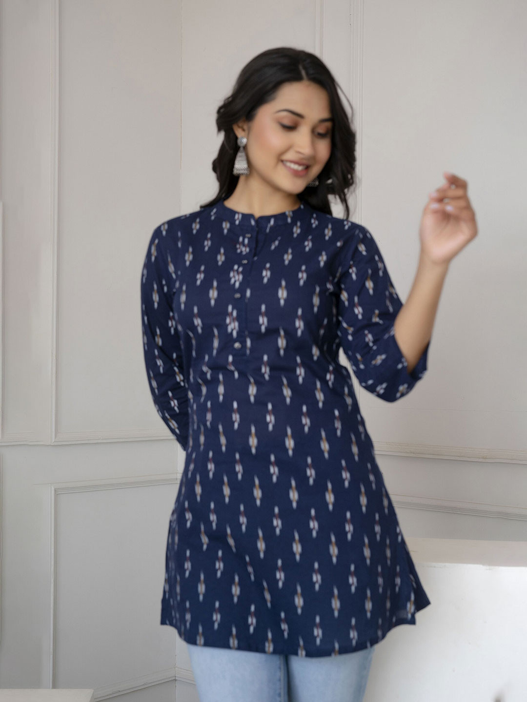 

Nayo Ethnic Motifs Printed Cotton Ethnic Tunic, Blue
