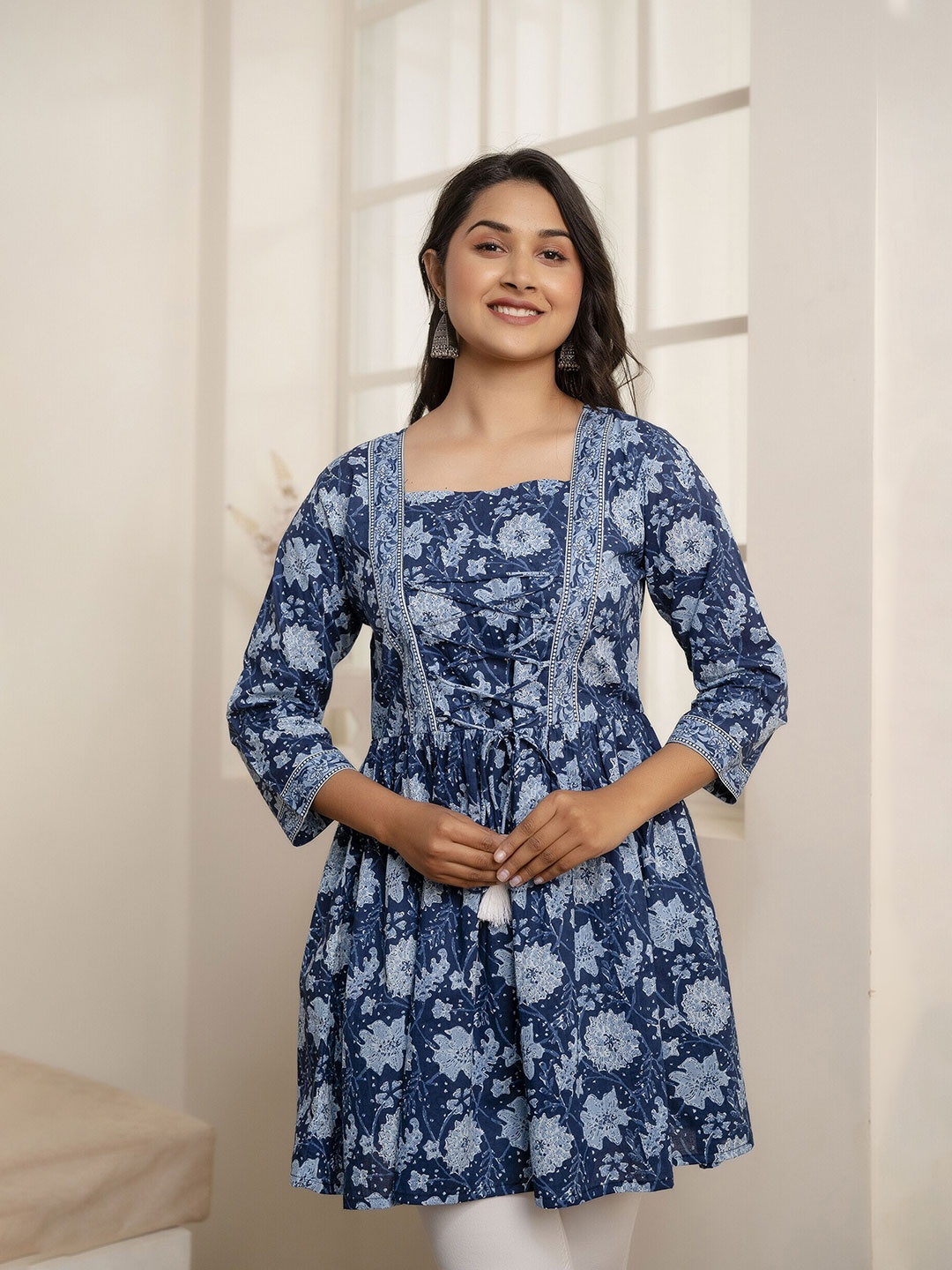 

Nayo Floral Printed Cotton Peplum Tunic, Blue
