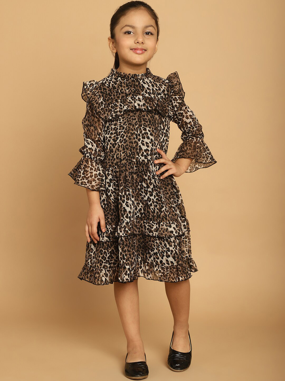 

MINI & MING Girls Animal Printed Ruffled Bell Sleeves Georgette Fit & Flare Dress, Black