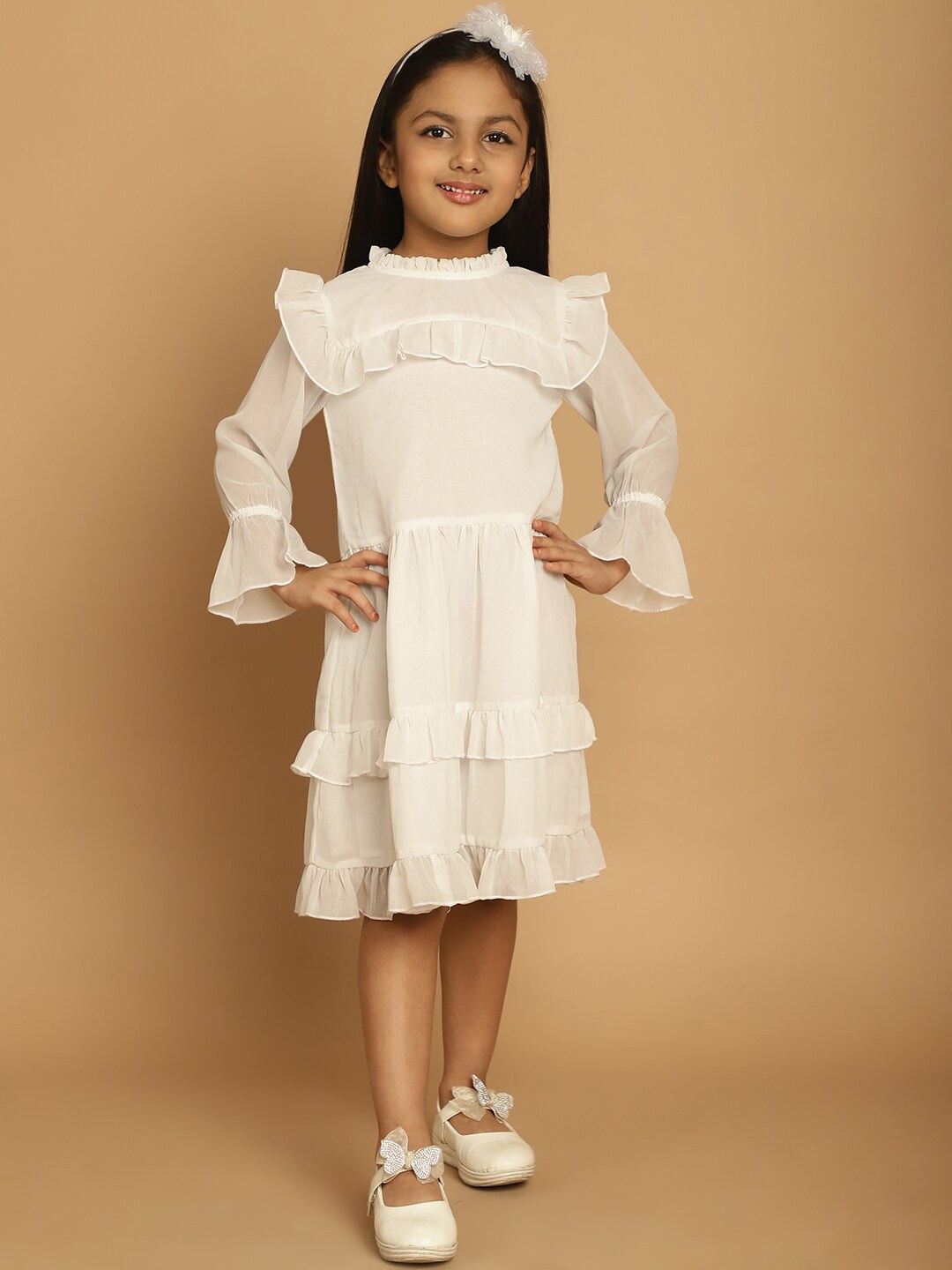 

MINI & MING Girls Bell Sleeve Layered Georgette Fit & Flare Dress, White