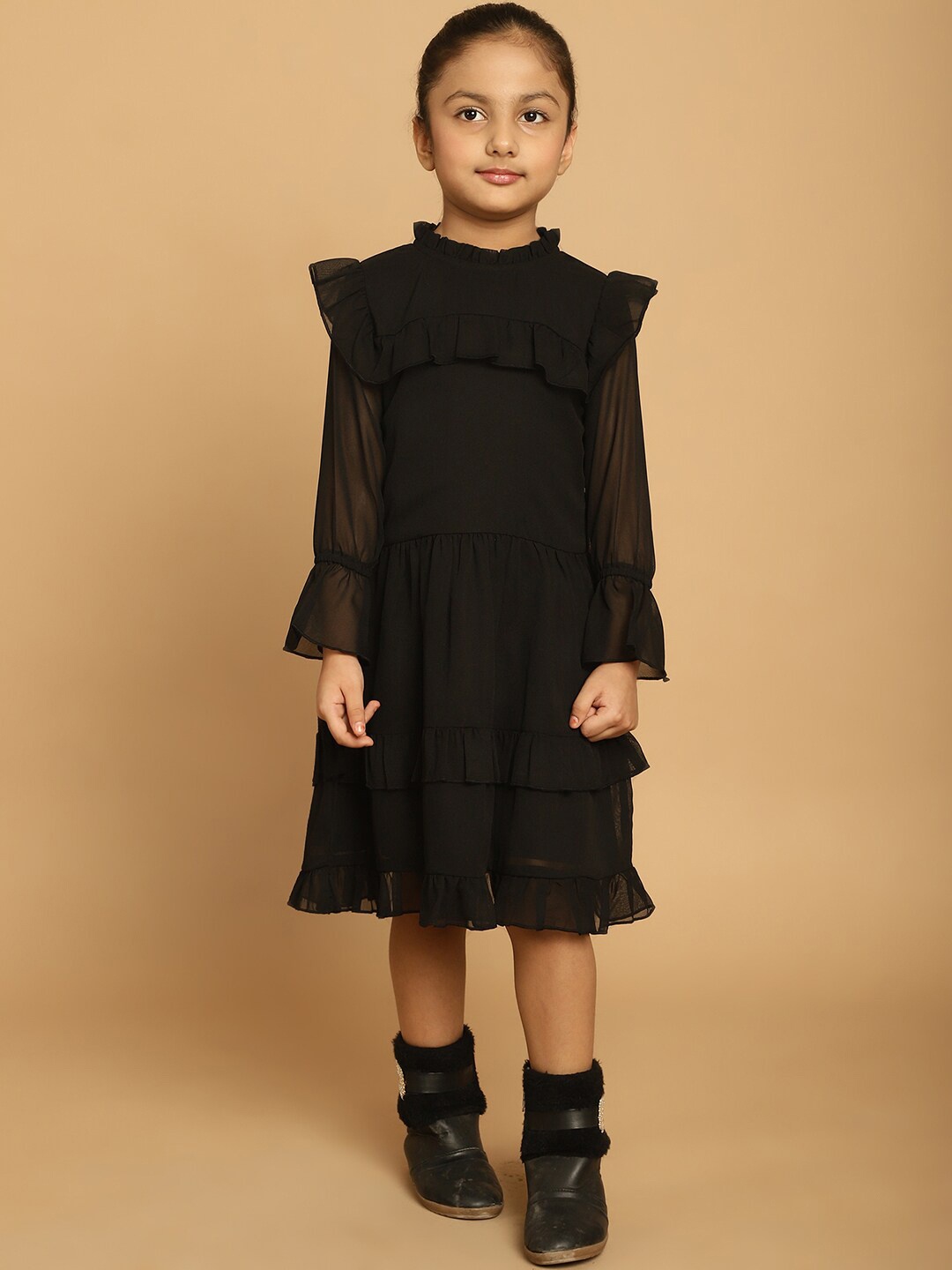 

MINI & MING Girls Bell Sleeve Layered Georgette Fit & Flare Dress, Black