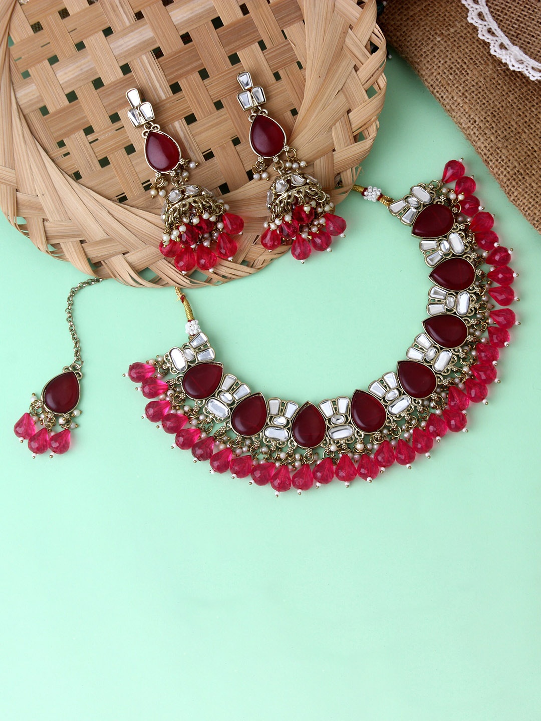 

Atasi International Gold-plated Crystal & Kundan-studded & Beaded Jewellery Set
