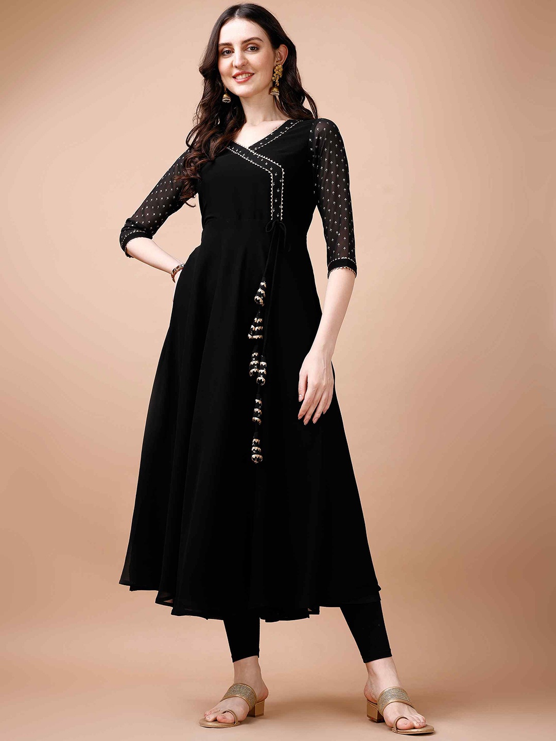 

TextileNow Embellished Gotta Patti Angrakha Georgette Anarkali Kurta, Black