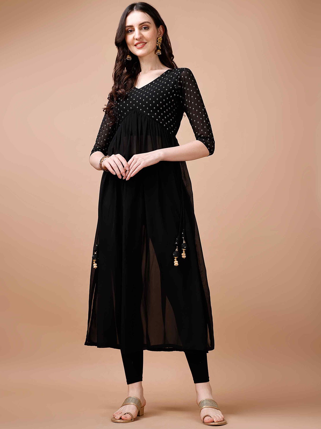 TextileNow Thread Work Embellished Pleated Georgette Anarkali Kurta, Black