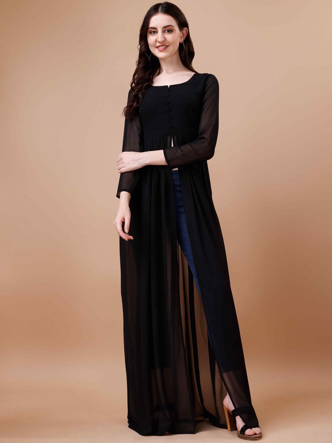 

TextileNow Pleated Georgette A-Line Kurta, Black