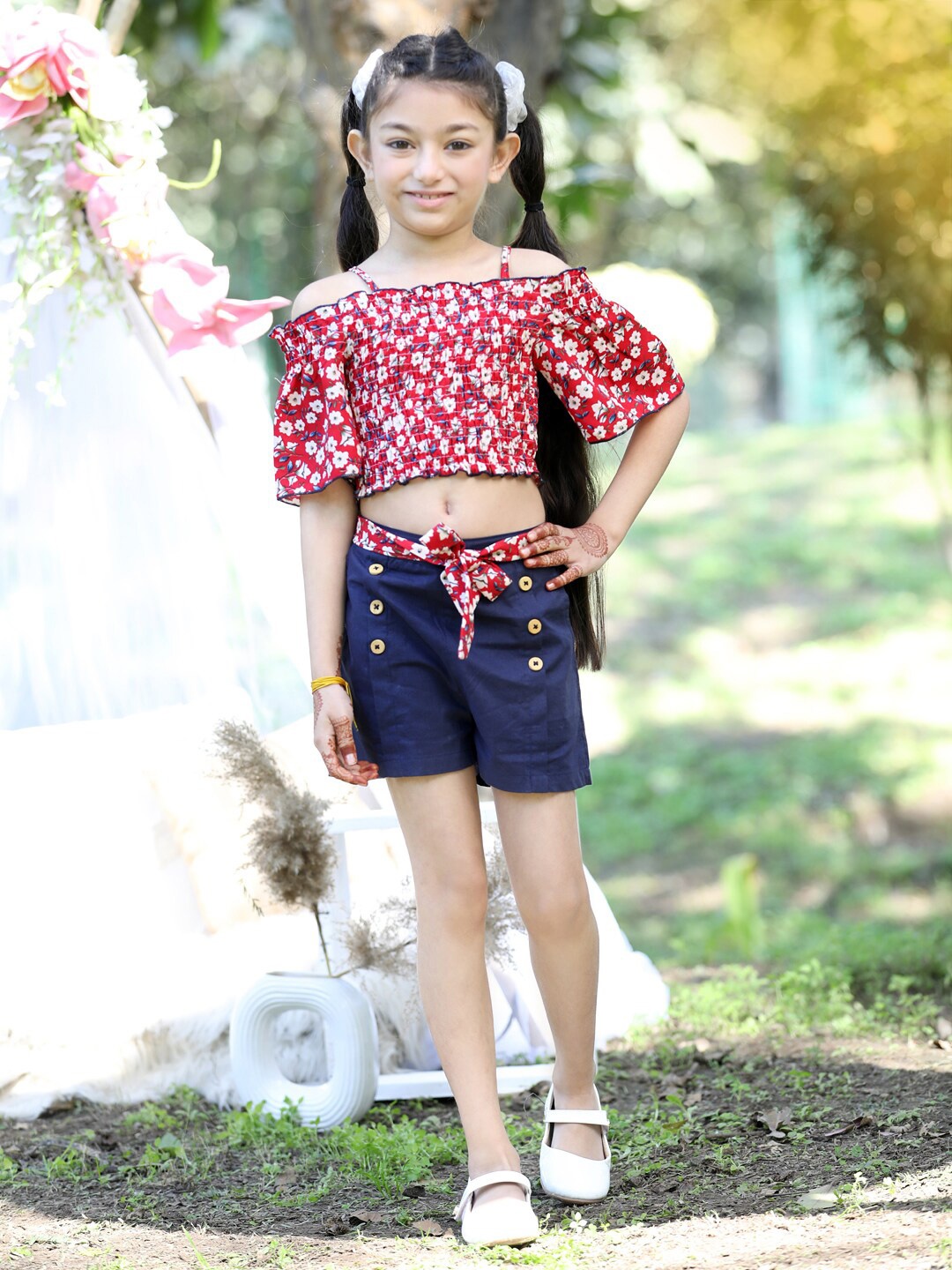 

Cutiekins Girls Floral Printed Smocked Crop Top With Short, Red