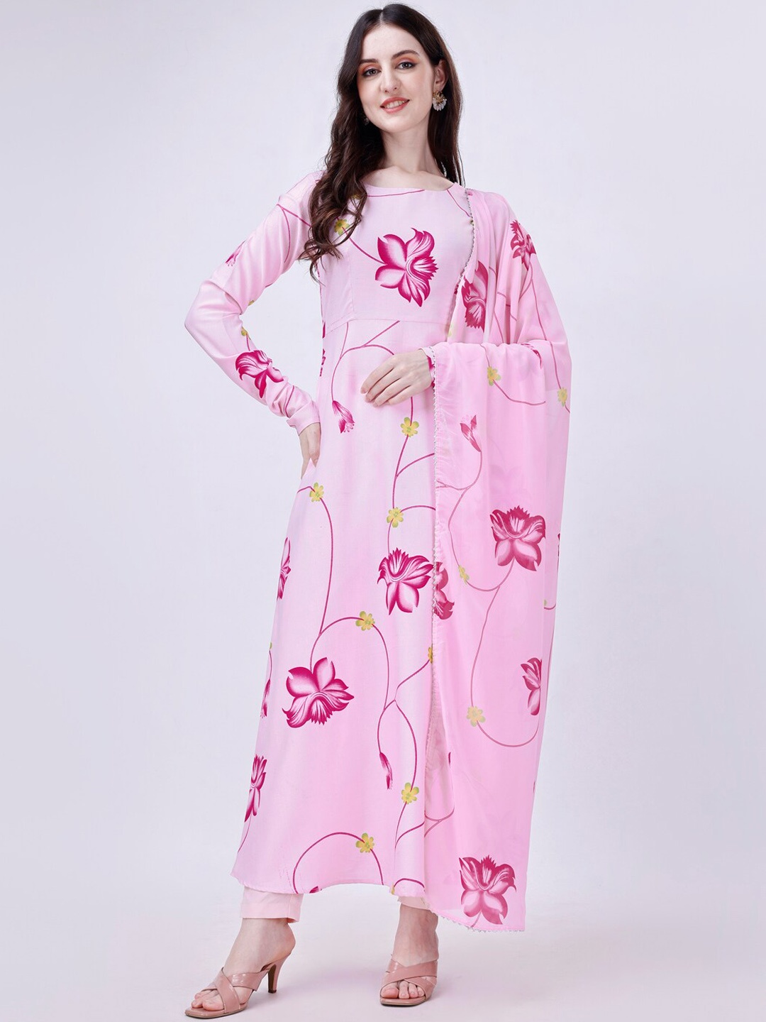 

FAB GALAXY Floral Printed Regular A-Line Kurta with Trousers & Dupatta, Pink