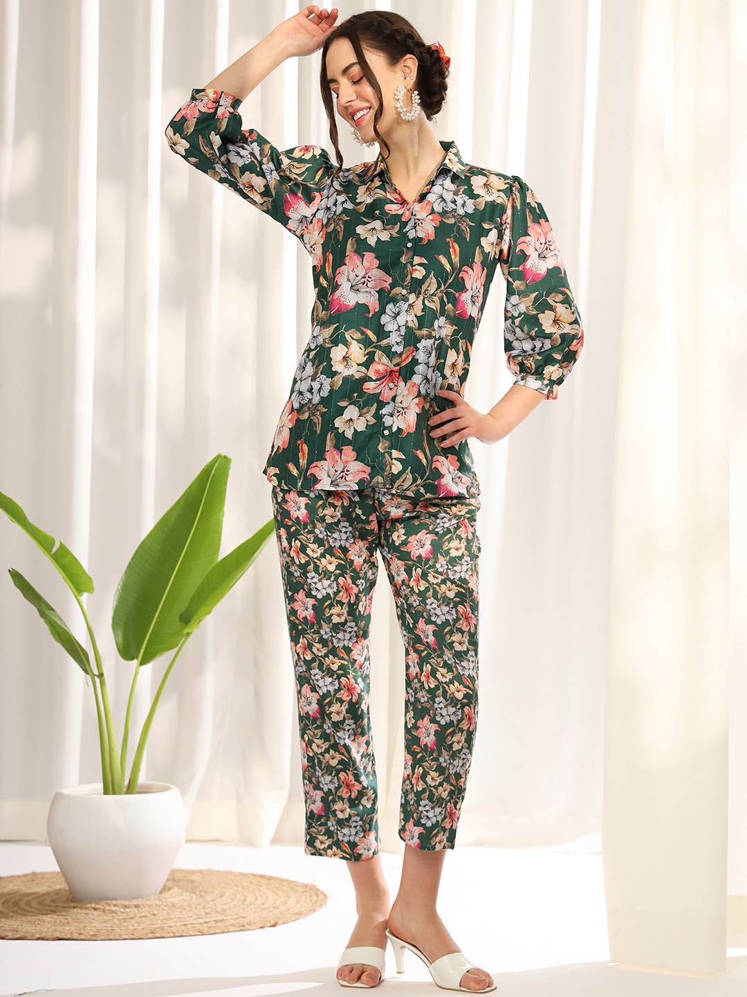 

KALINI Floral Printed Shirt Collar Shirt & Trouser, Green