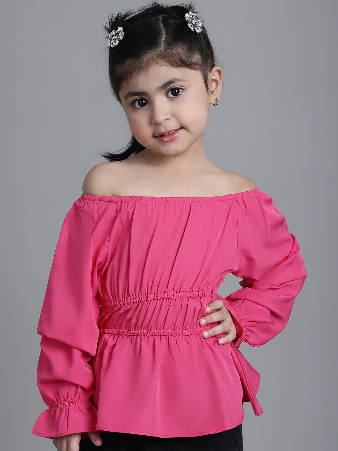 

MINI & MING Girls Off-Shoulder Puff Sleeves Gathered Bardot Top, Pink