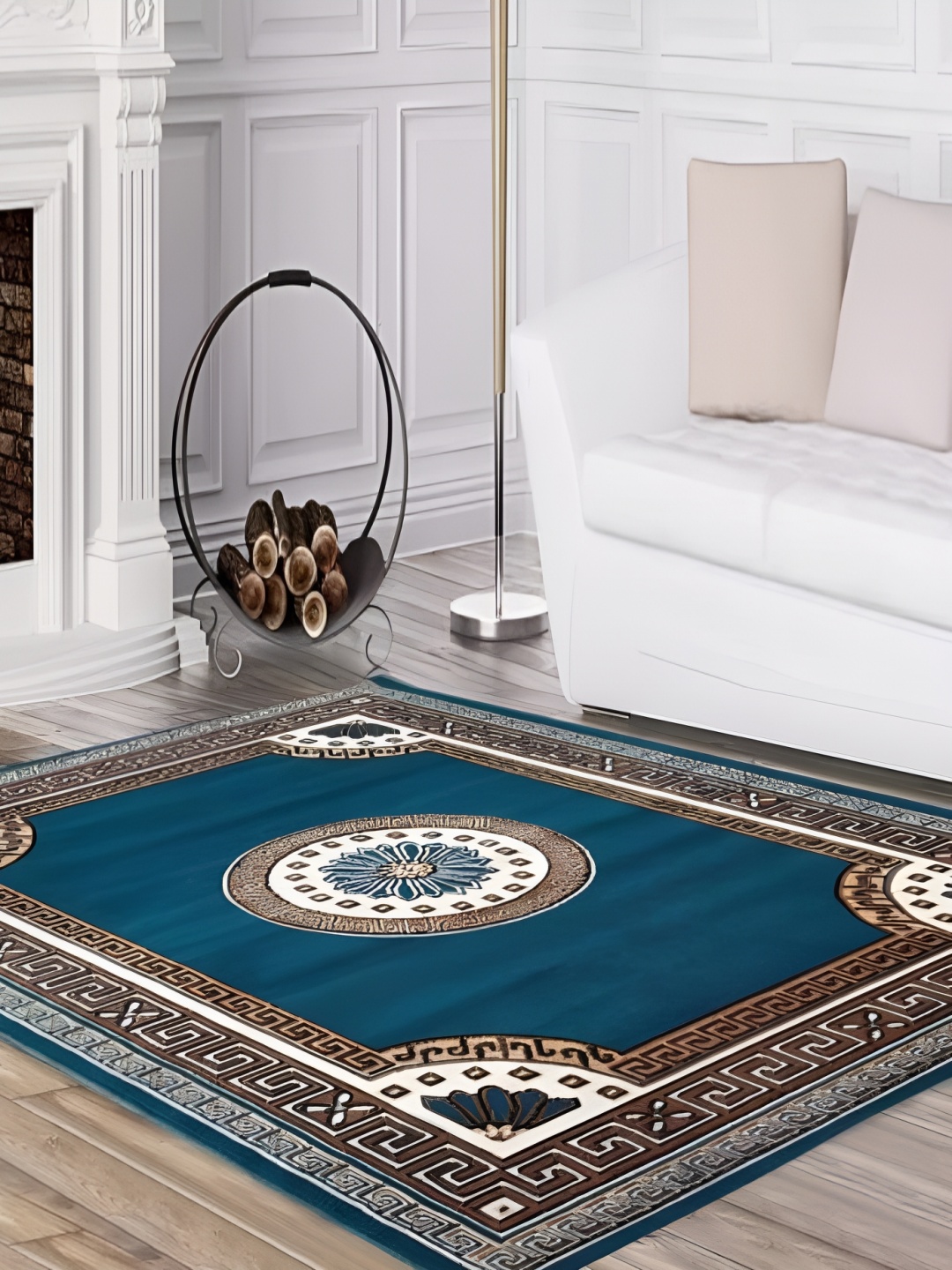 

SANA CARPET Blue & Brown Floral Anti-Skid Polyester Carpet