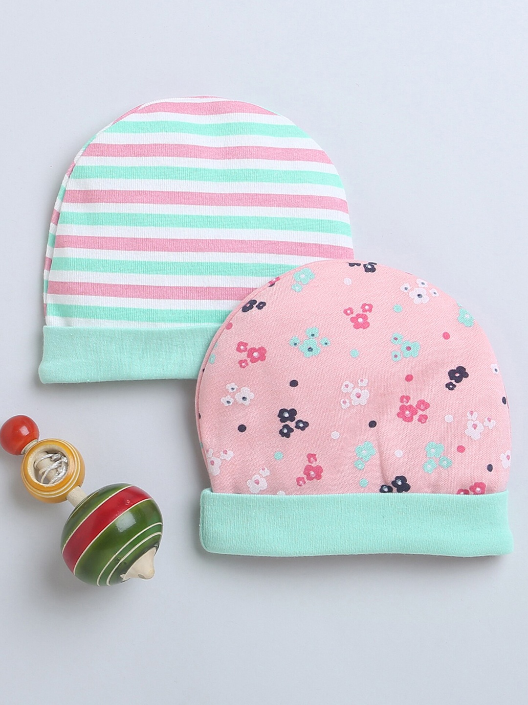 

BUMZEE Girls Set Of 2 Printed Cotton Beanies, Green