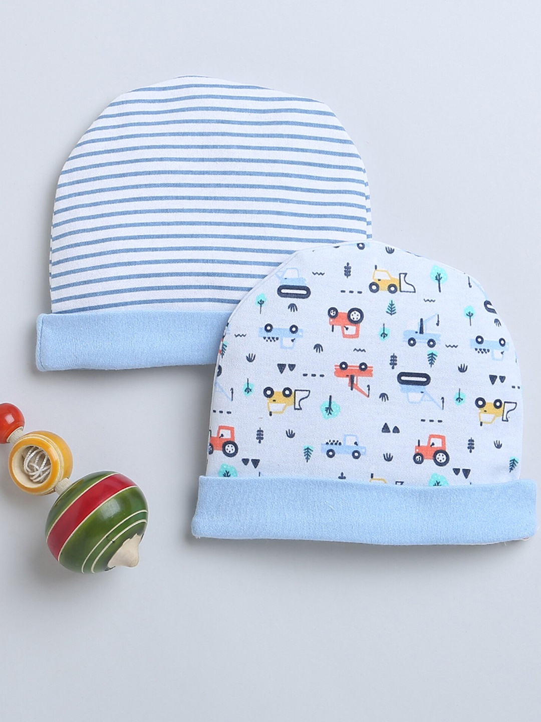 

BUMZEE Boys Set Of 2 Printed Cotton Beanies, Blue