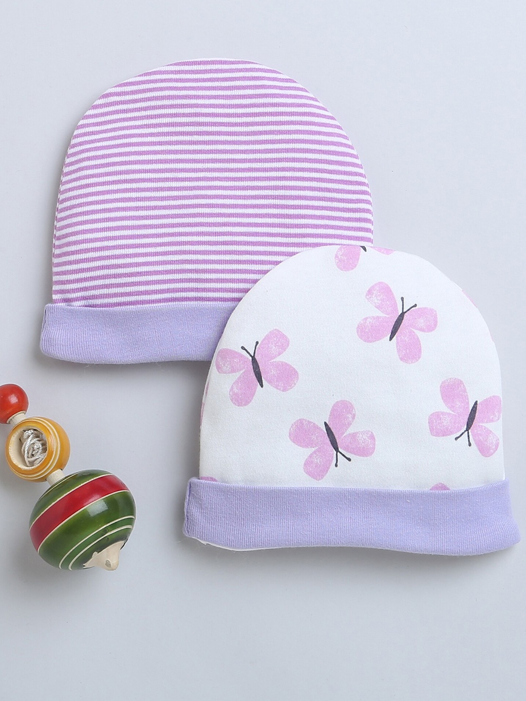 

BUMZEE Girls Set Of 2 Printed Cotton Beanies, White