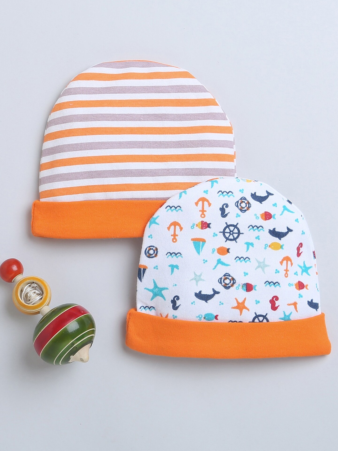 

BUMZEE Boys Set Of 2 Printed Cotton Beanies, Orange
