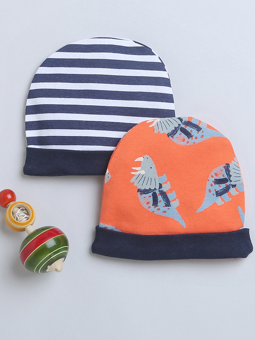 

BUMZEE Boys Set Of 2 Printed Cotton Beanies, Navy blue