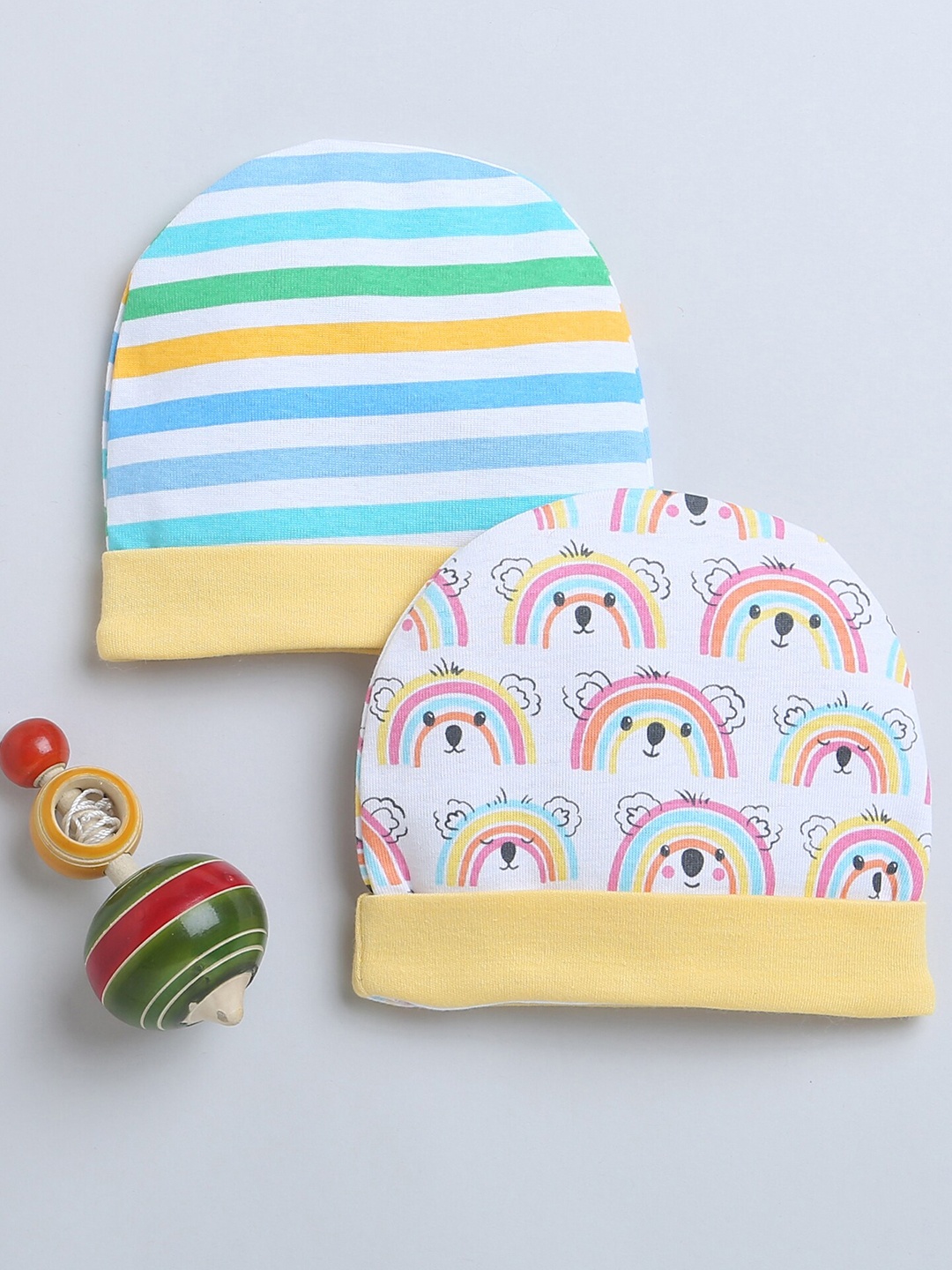 

BUMZEE Girls Set Of 2 Printed Cotton Beanies, Yellow