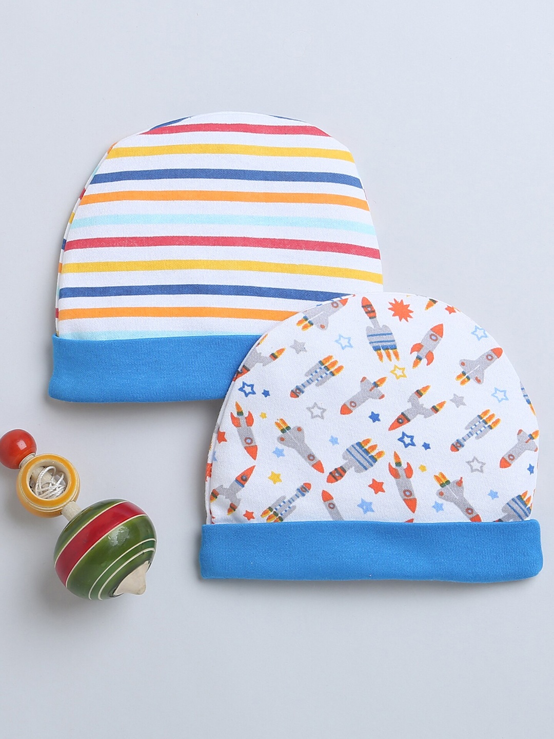 

BUMZEE Boys Set Of 2 Printed Cotton Beanies, White