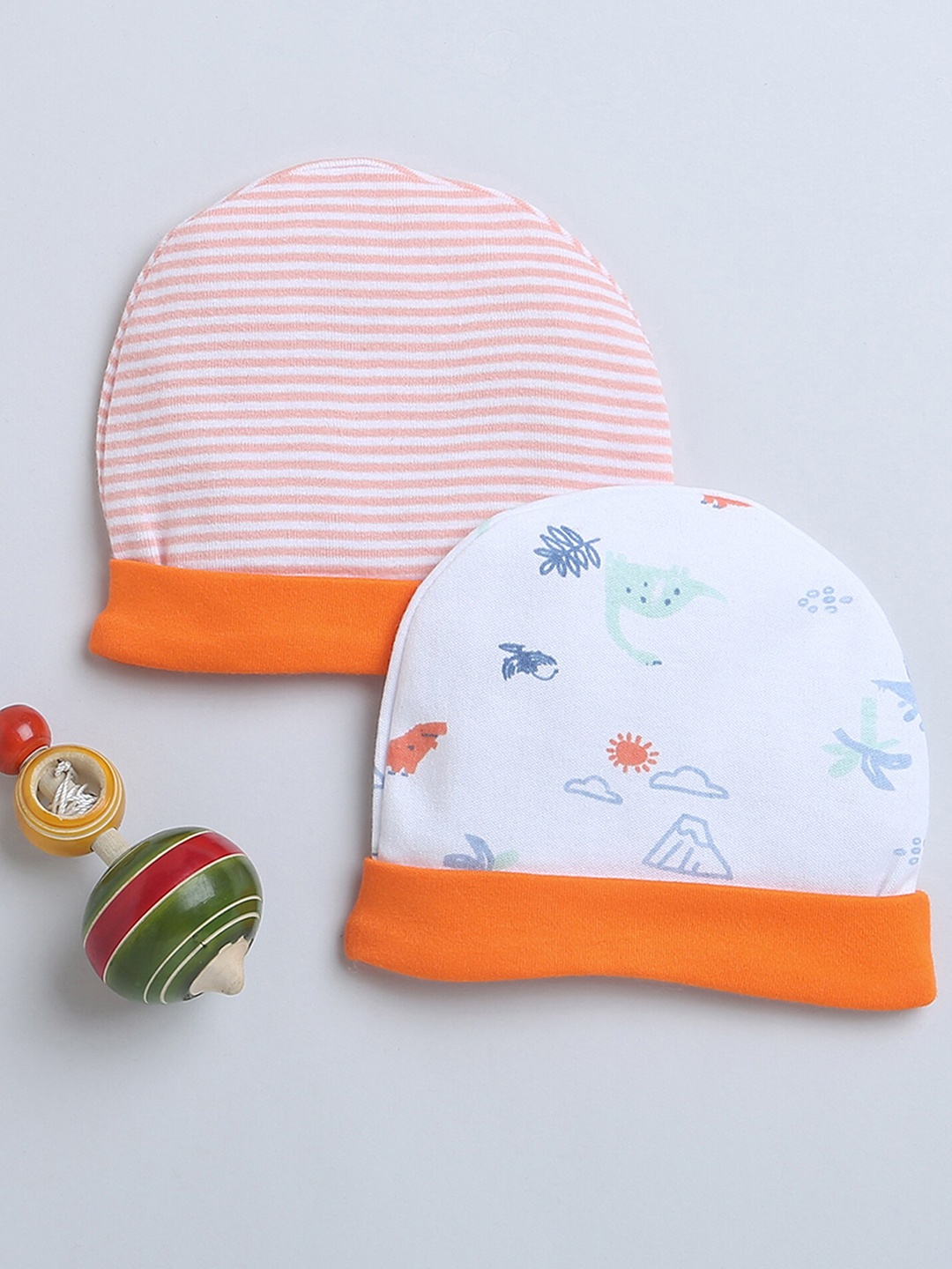 

BUMZEE Boys Set Of 2 Printed Cotton Beanies, Orange