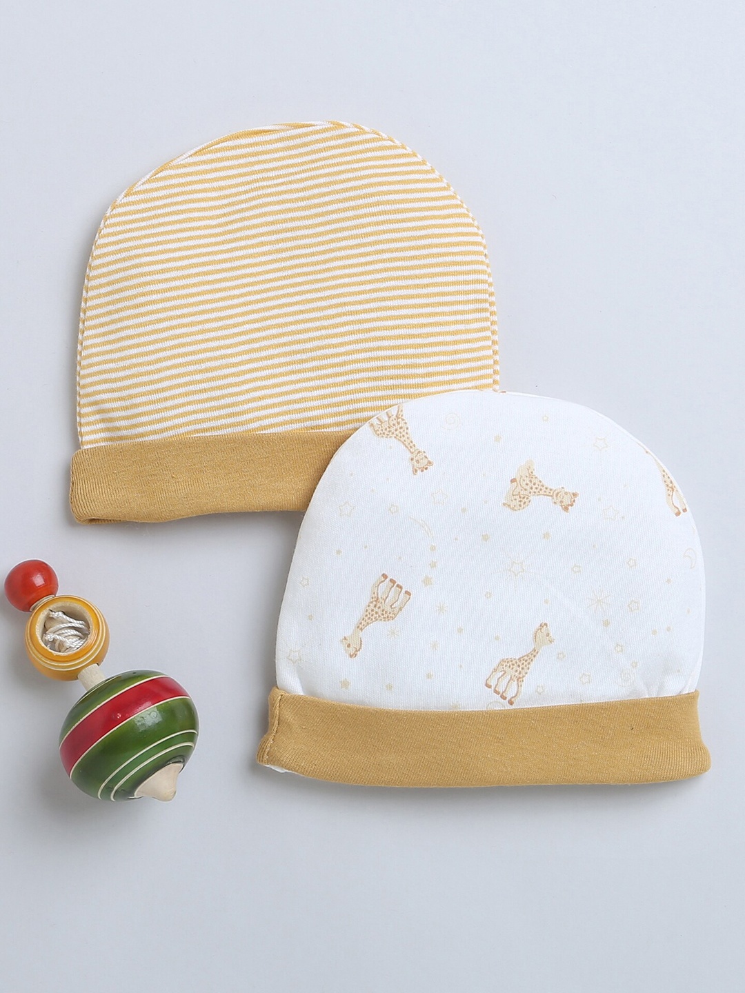 

BUMZEE Girls Set Of 2 Printed Cotton Beanies, Mustard