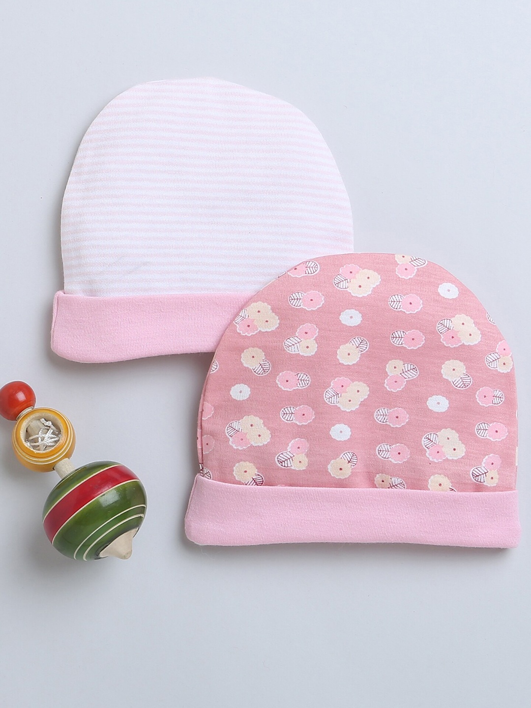 

BUMZEE Girls Set Of 2 Printed Cotton Beanies, Pink