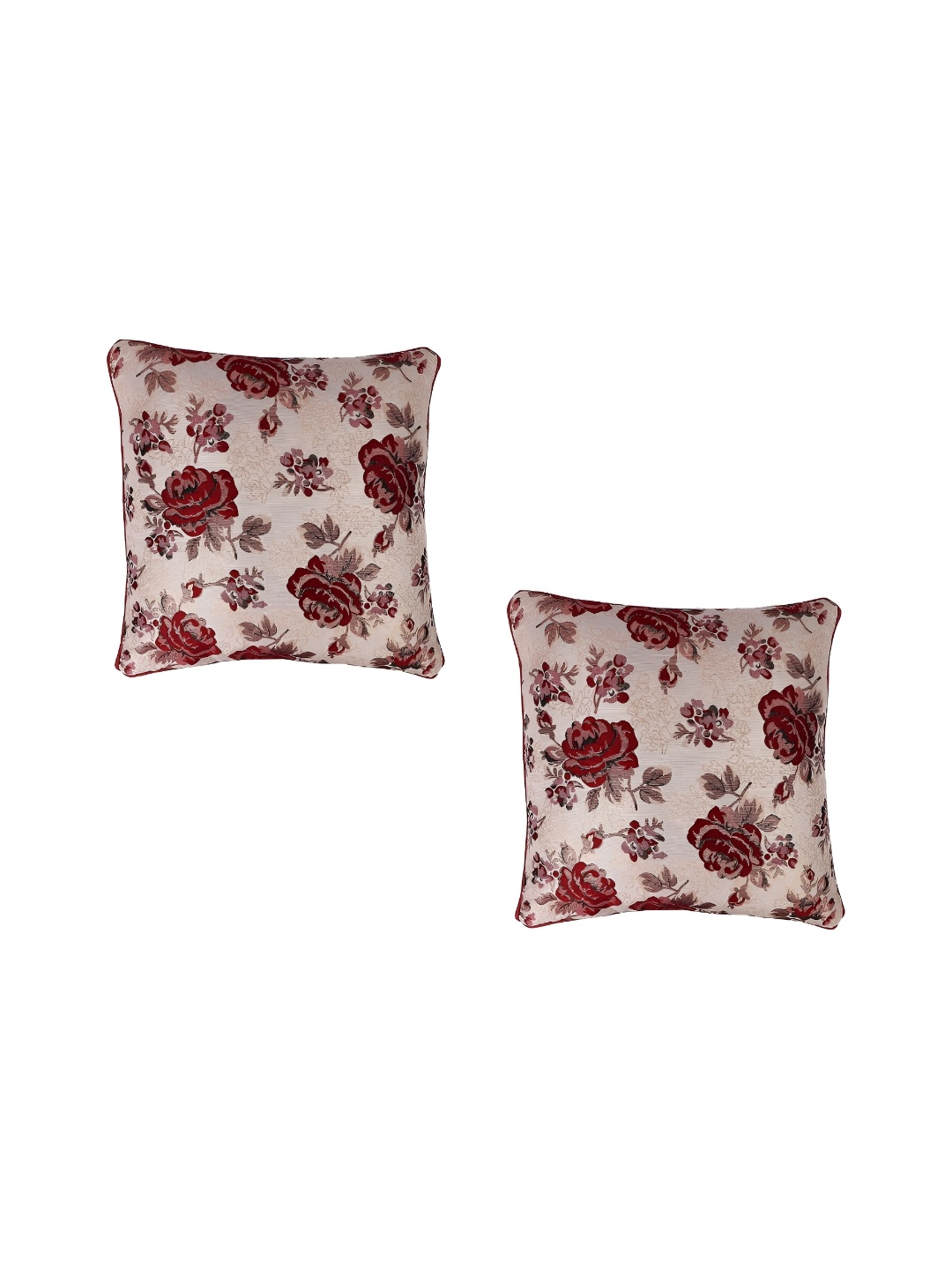 TANLOOMS Beige & Maroon 2Pcs Floral Square Cushion Covers