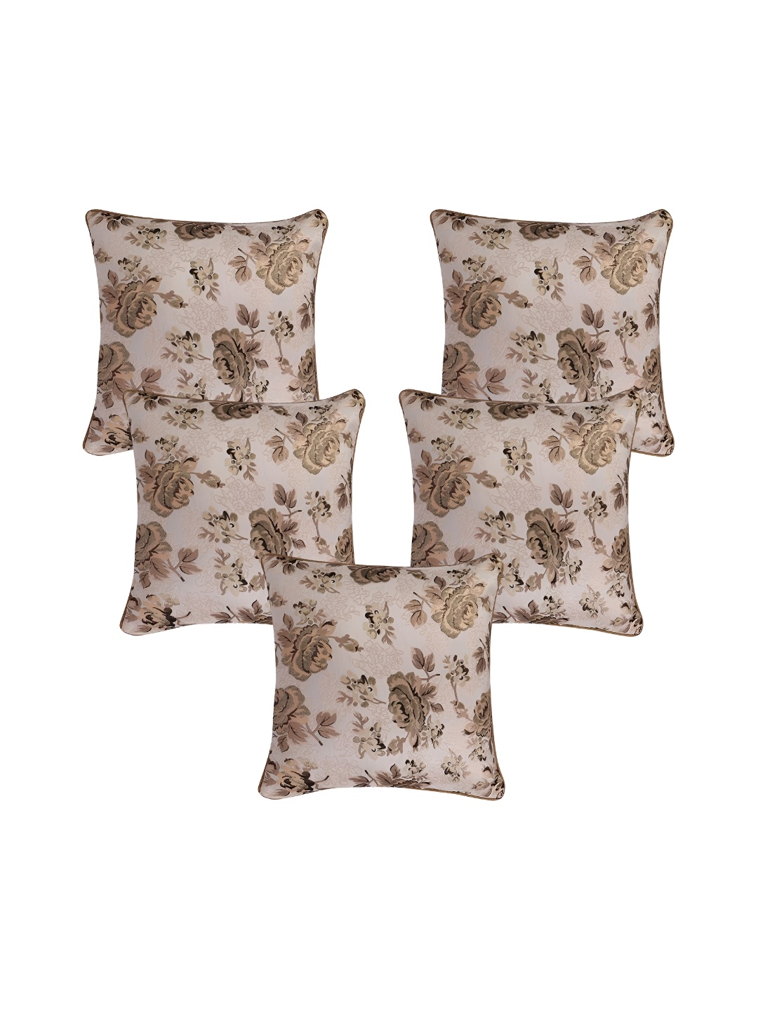 TANLOOMS Gold-Toned & Cream 5Pcs Floral Square Cushion Covers