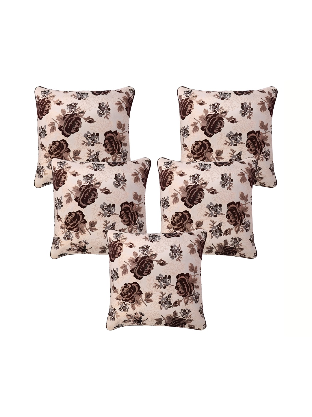 TANLOOMS Brown & Beige 5Pcs Floral Square Cushion Covers