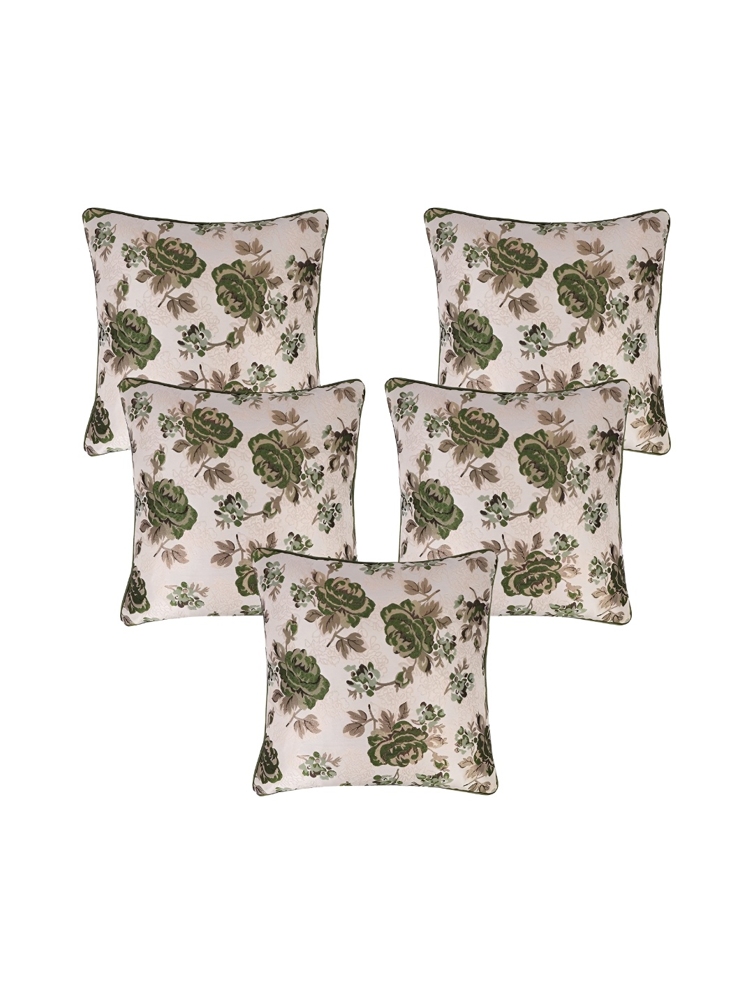 TANLOOMS Green & Cream 5Pcs Floral Square Cushion Covers