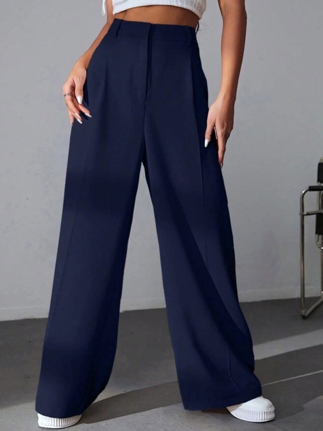 

Next One Women High-Rise Pleated Korean Trousers, Navy blue