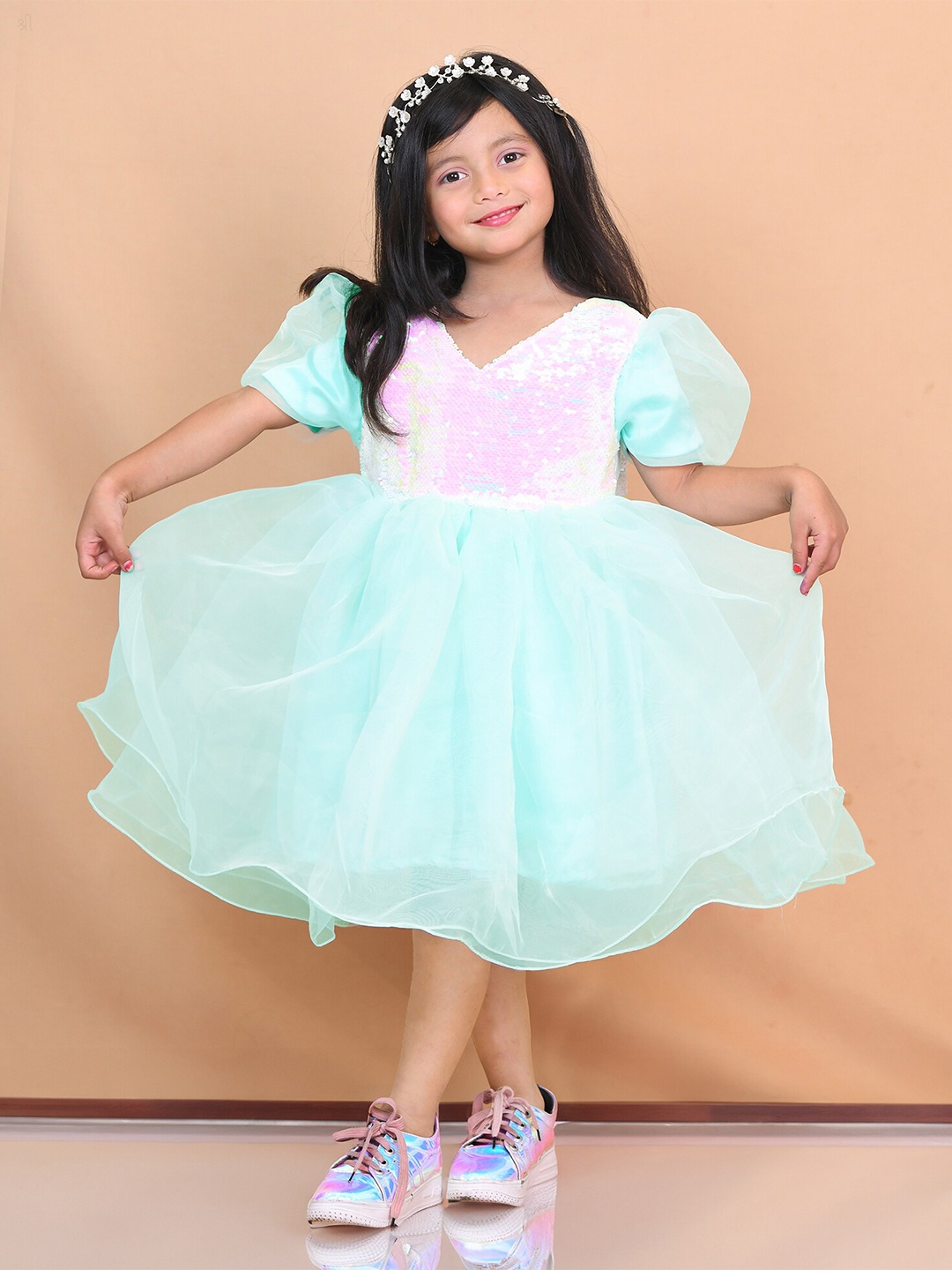 

Little Carrot Girls Puff Sleeve Net Fit & Flare Dress, Turquoise blue