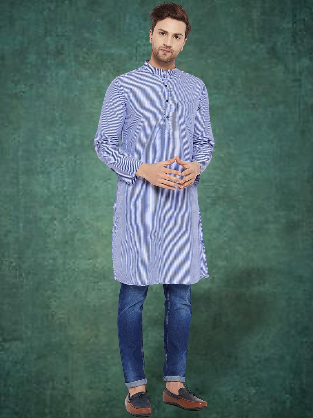 

even Striped Mandarin Collar Long Sleeves Pure Cotton Straight Kurta, Blue