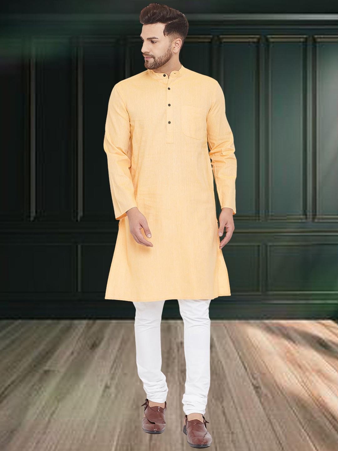 

even Mandarin Collar Long Sleeves Pure Cotton Straight Kurta, Yellow