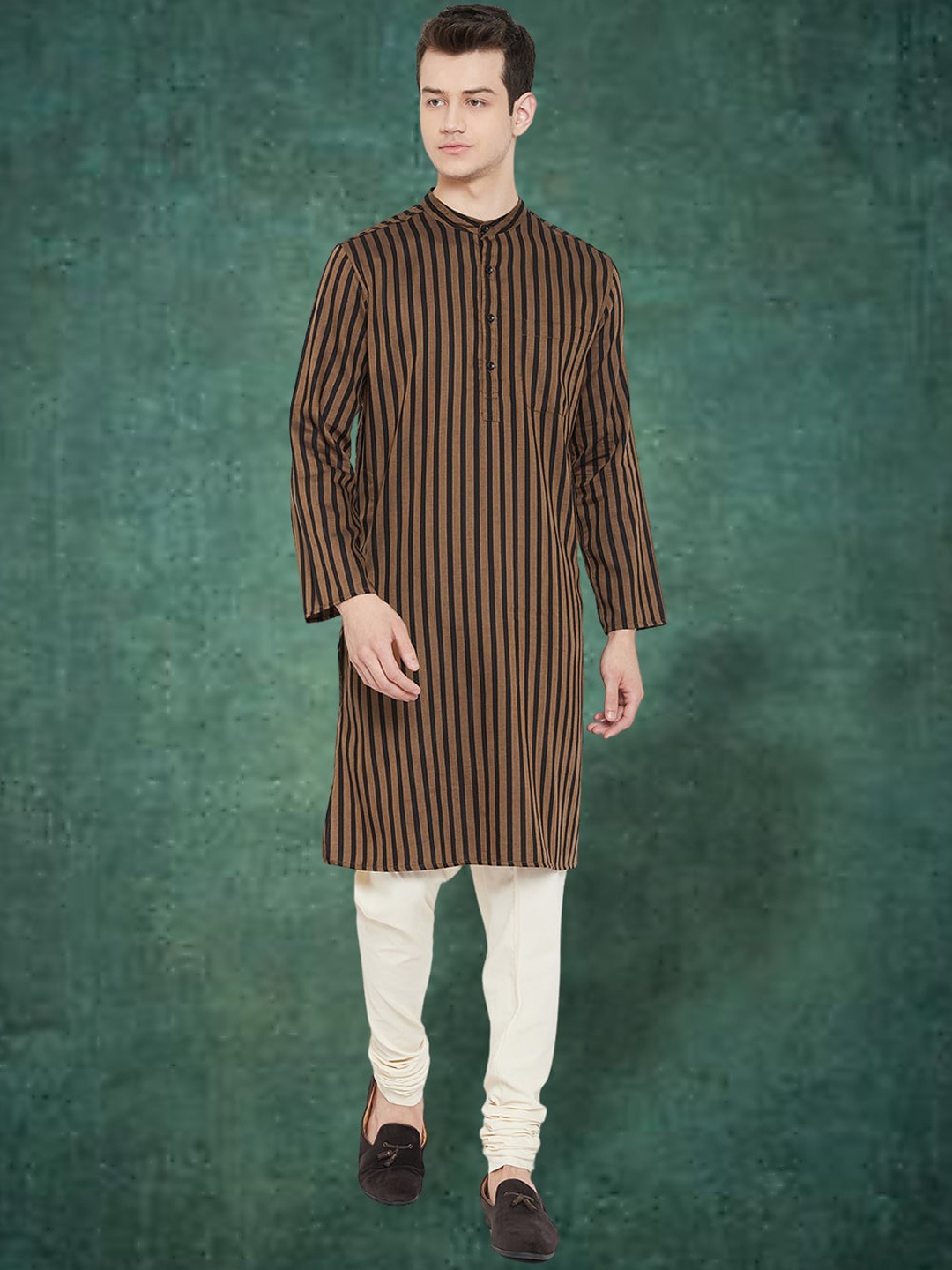 

even Band Collar Striped Straight Kurta, Brown