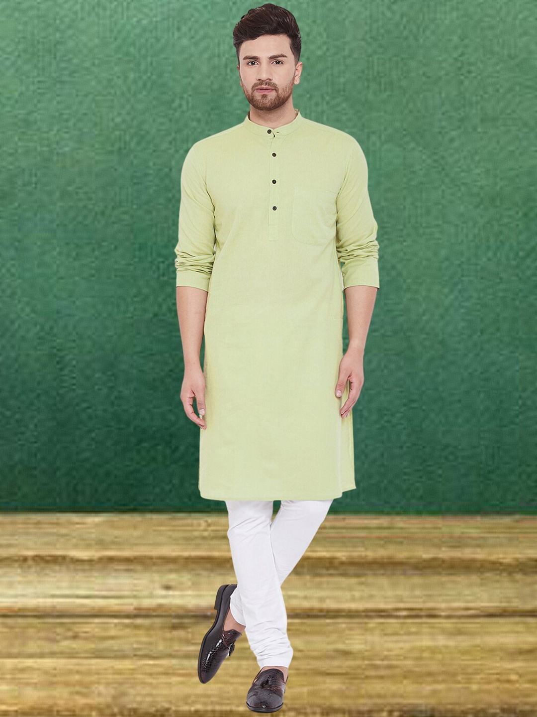 

even Band Collar Pure Cotton Straight Kurta, Green