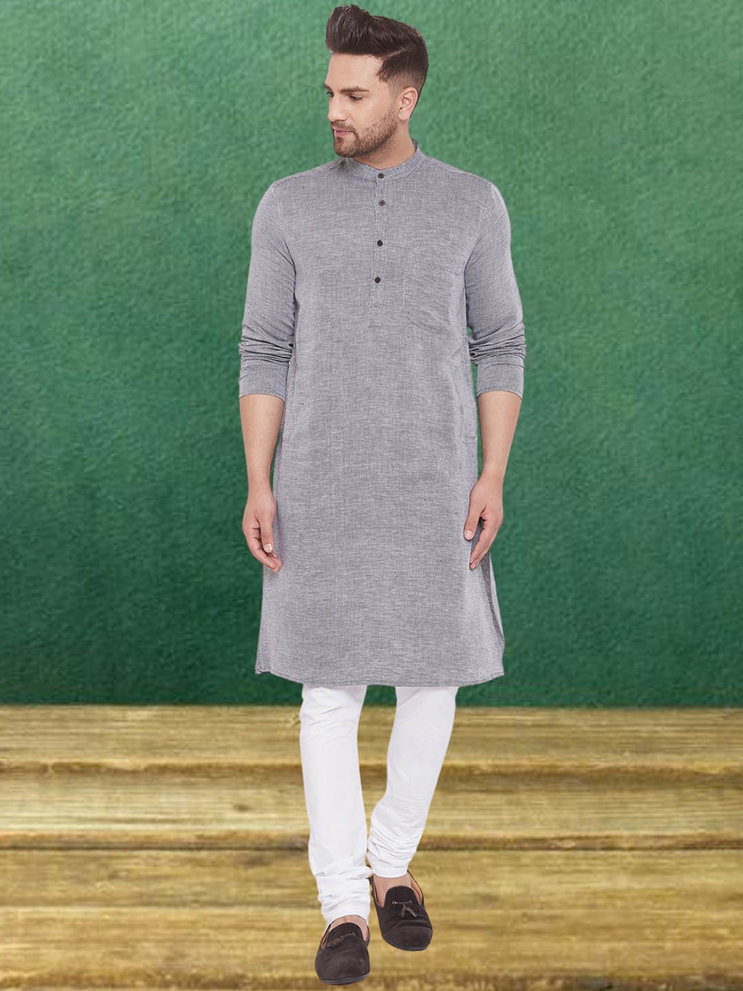 

even Ethnic Motifs Woven Design Band Collar Pure Cotton Straight Kurta, Grey