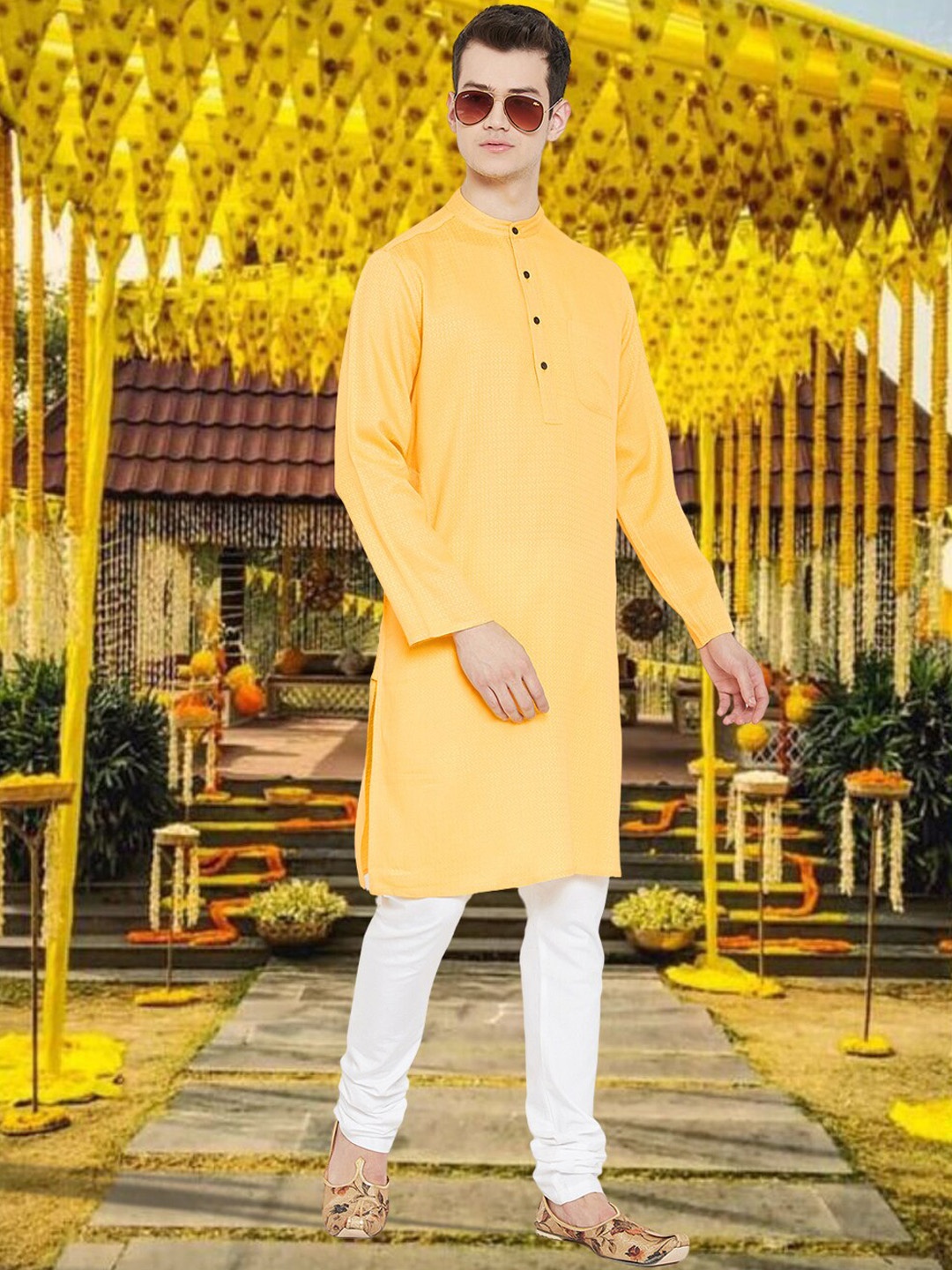 

even Ethnic Motifs Woven Design Band Collar Straight Cotton Kurta, Yellow