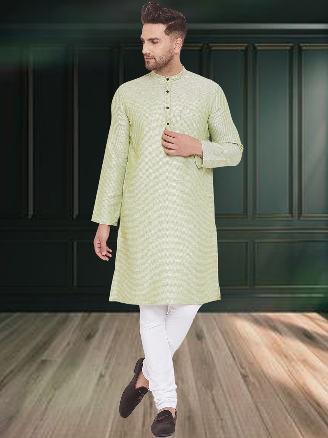 

even Mandarin Collar Woven Design Straight Pure Cotton Kurta, Green