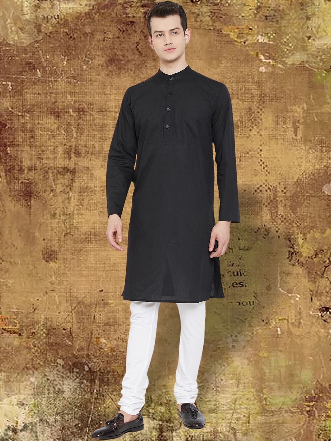 

even Band Collar Striped Straight Pure Cotton Kurta, Black