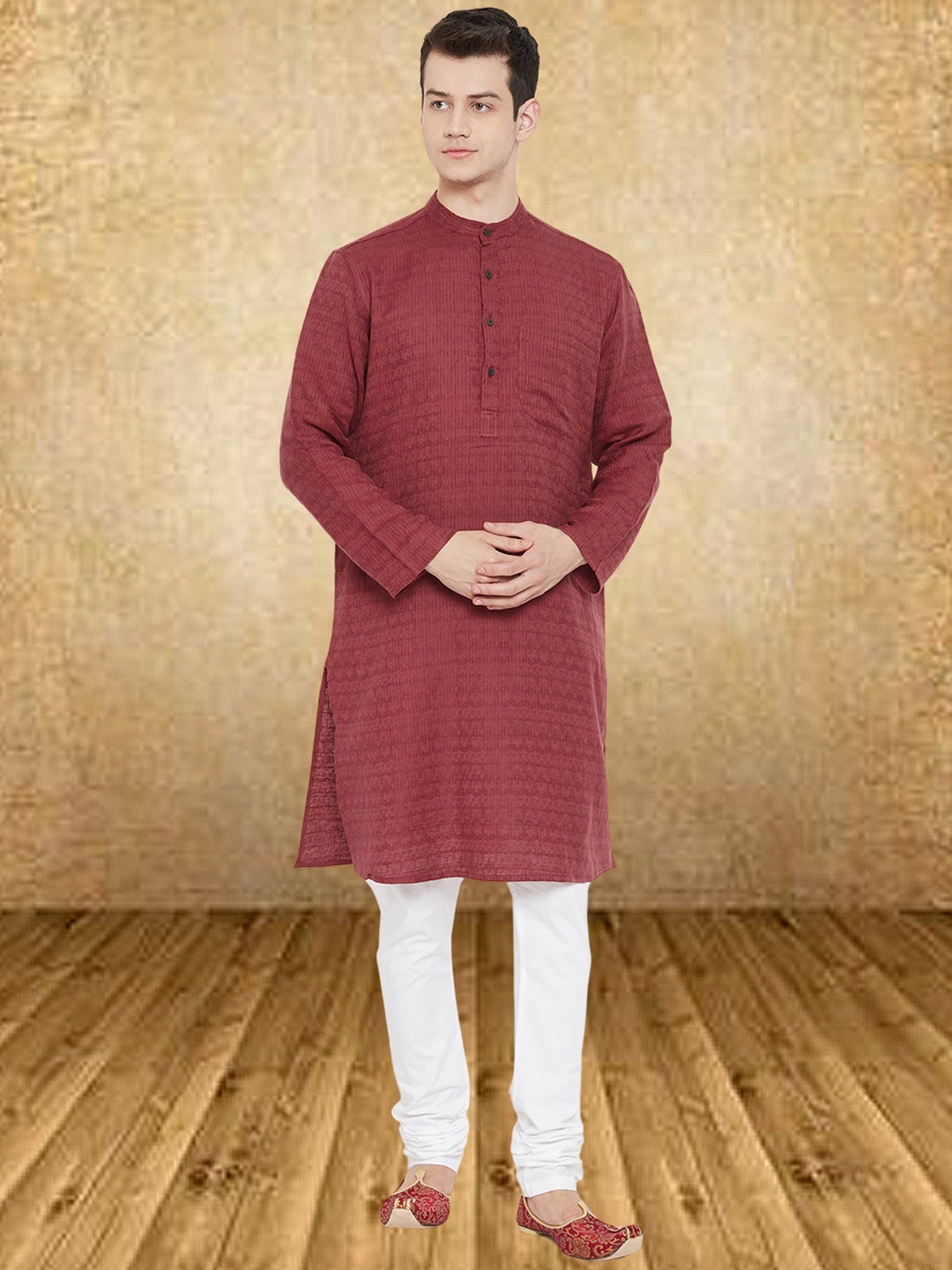 

even Woven Design Band Collar Straight Kurta, Maroon