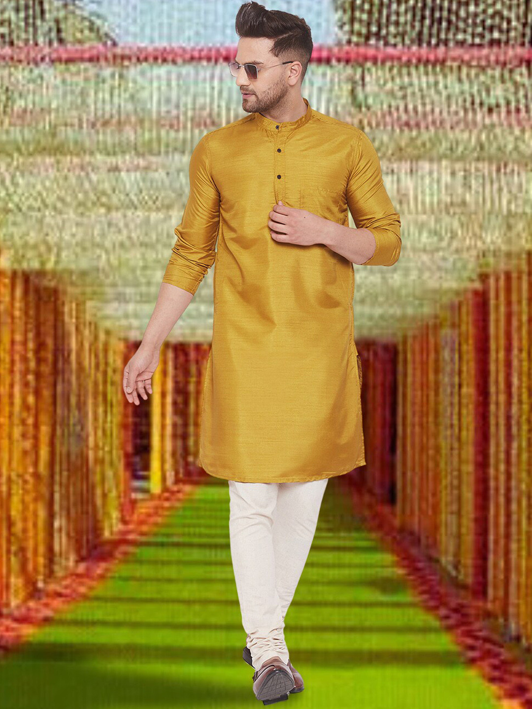 

even Band Collar Straight Kurta, Yellow