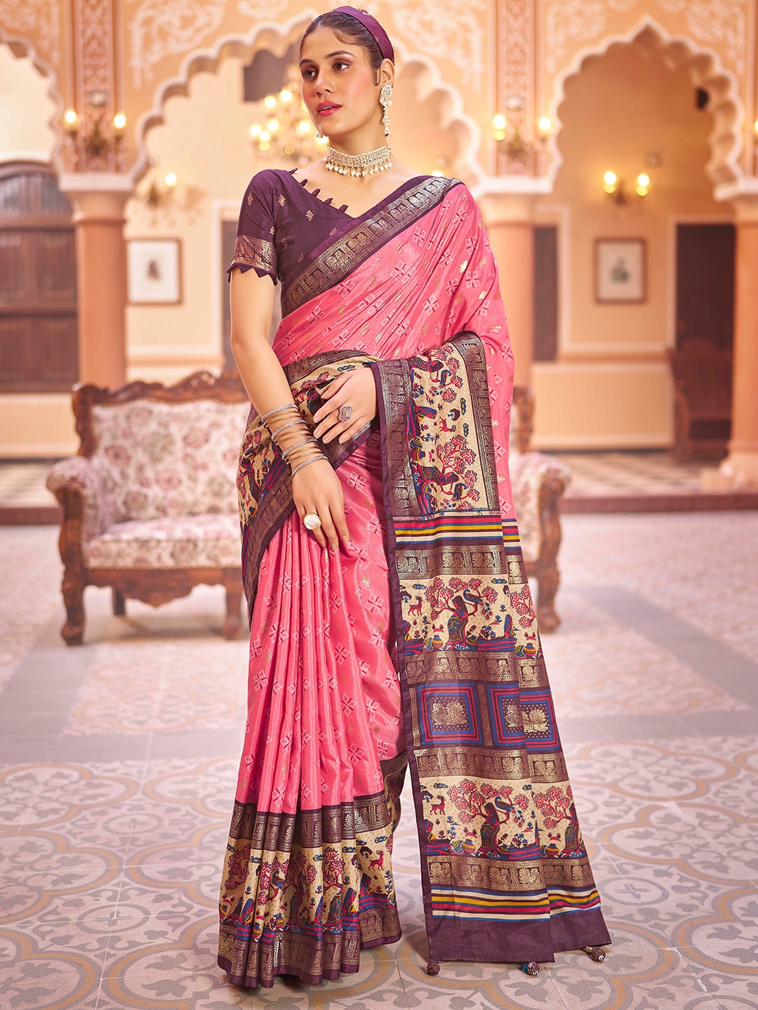 

Ekta Textiles Ethnic Motifs Woven Design Zari Pure Silk Banarasi Saree, Peach